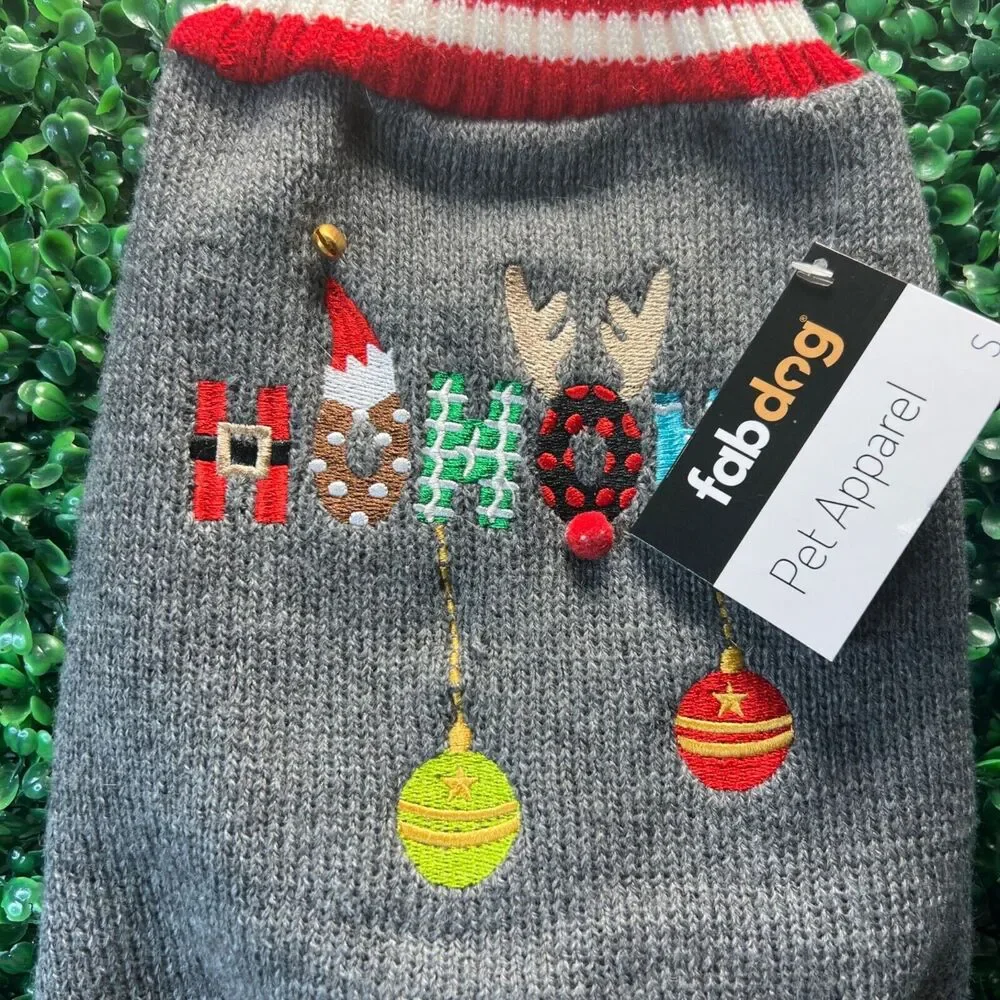 NWT Fab Dog Christmas Sweater HoHoHo Jingle Bell Gray Red White Stripes S